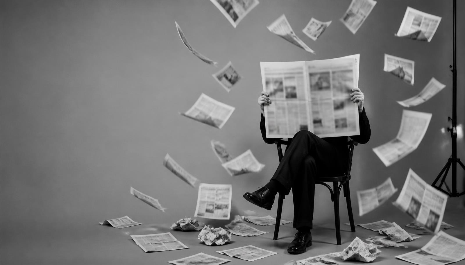Black and white newsroom scene: a campaign director hands over a proof sheet banded in red while a newspaper page tumbles through the air, a boom microphone dips into frame and two crew members move past in blur.